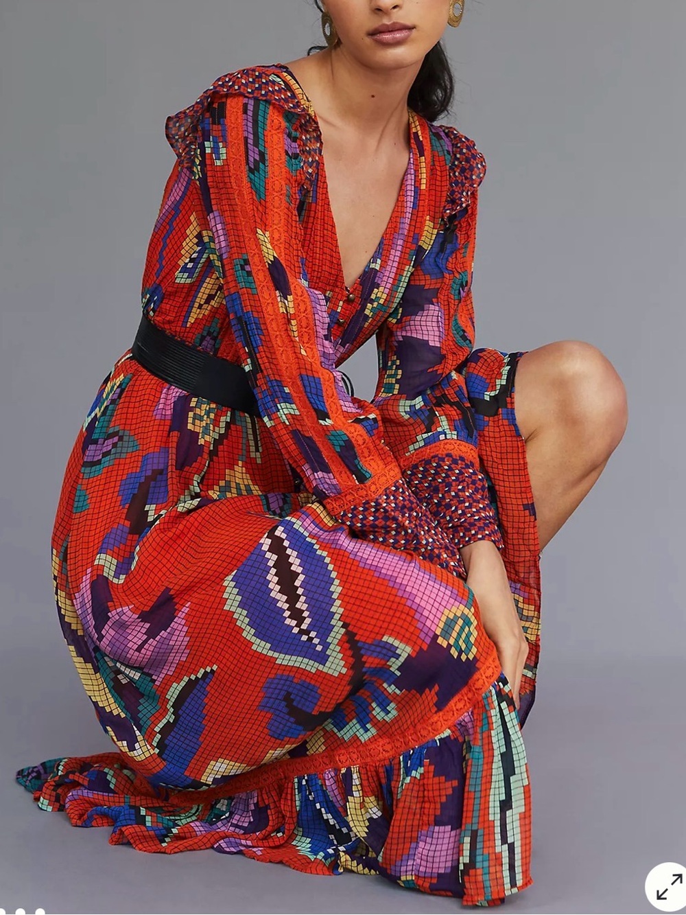 By Anthropologie Tropical Maxi Dress Geometric Print Floral Mosaic Tiles NWT L